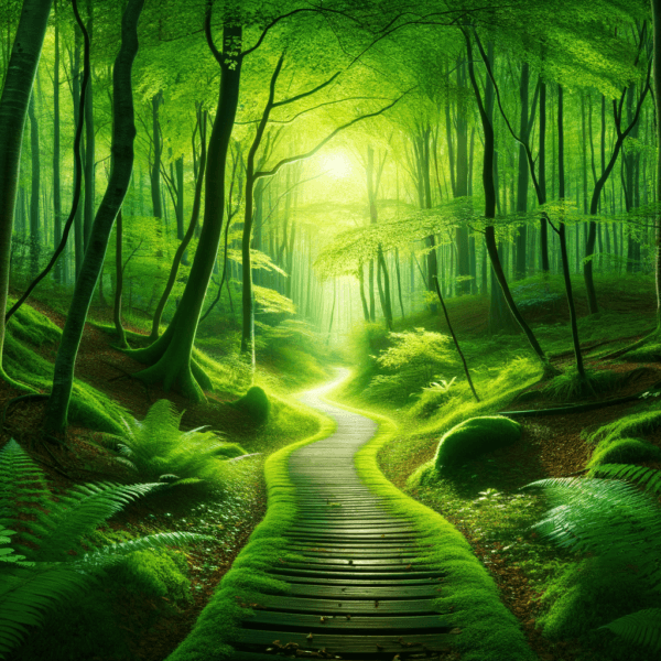 A serene pathway through a lush forest representing clarity and growth