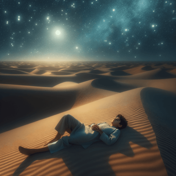 A tranquil scene of a child resting on a sand dune under the night sky
