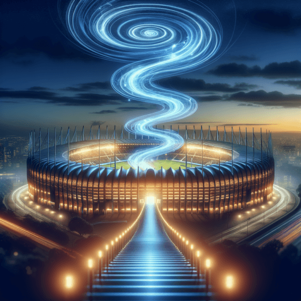 Artistic visualization of a rising path leading to a stadium.