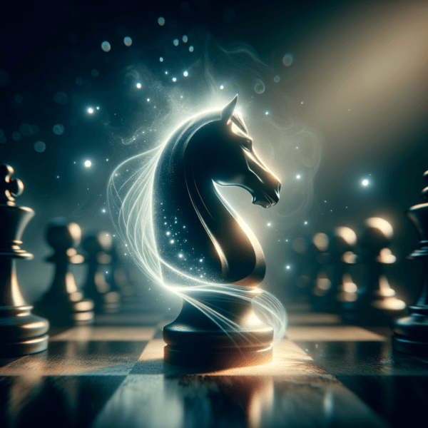 Majestic chess knight glowing with intuitive energy