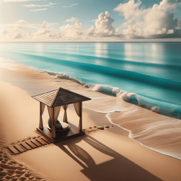 Meditation area on a quiet beach with gentle waves