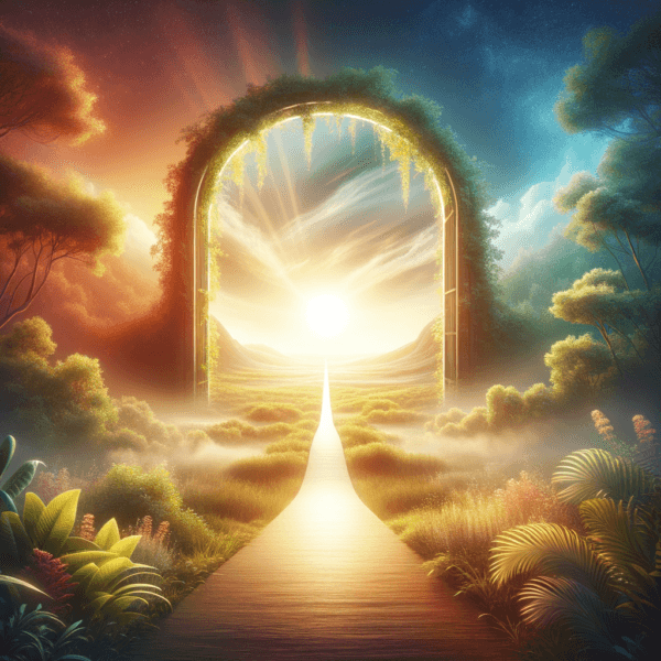 An open gateway surrounded by a serene landscape