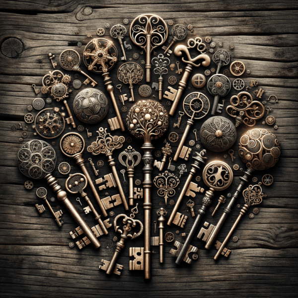 Mysterious keys lying on a wooden background representing keys to abundance