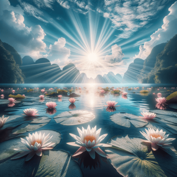 Peaceful lagoon filled with lotus flowers reflecting calm swimming hypnosis