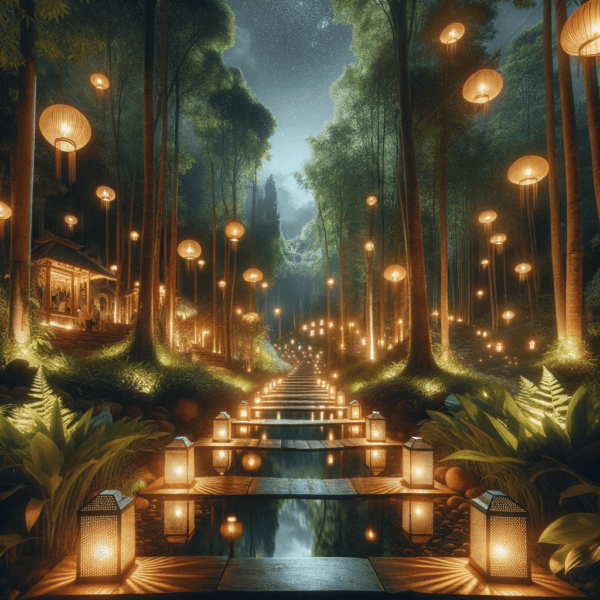 Lanterns illuminating a nighttime path, symbolizing guidance and self-discovery