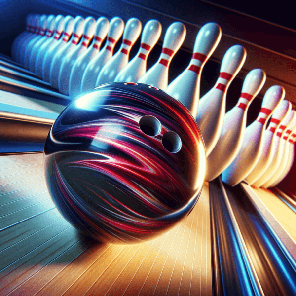 A focused bowling ball rolling with precision towards pins
