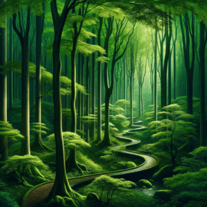 A peaceful pathway through a green forest leading to serenity