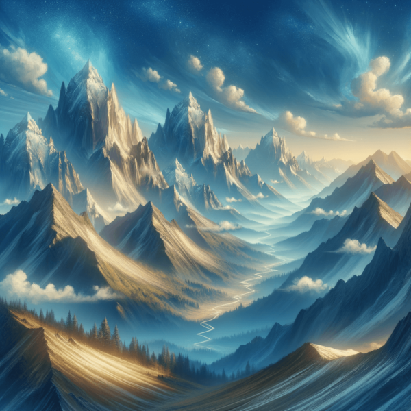 A panoramic view of majestic mountains under a clear, blue sky, signifying personal growth and overcoming challenges.
