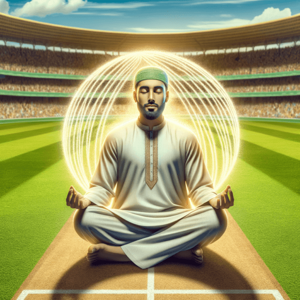 Conceptual image of a cricket player meditating on the field