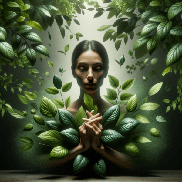 Peaceful meditation surrounded by flourishing plants.