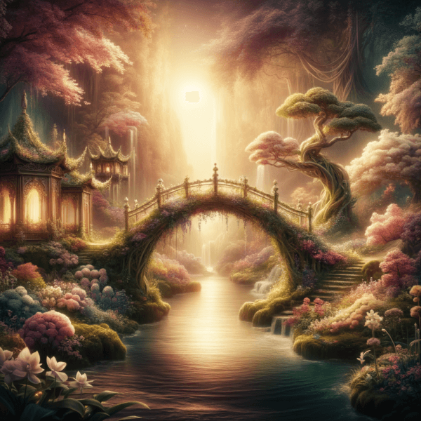 A beautiful, mystical bridge crossing over a gentle stream in an enchanted garden setting.