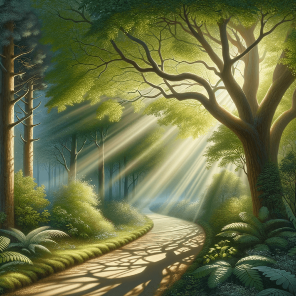 A tranquil path winding through a peaceful forest symbolizing a journey to peace.