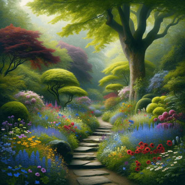Stone pathway meandering through a peaceful garden landscape