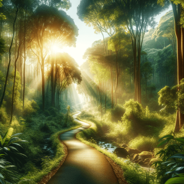 Pathway leading through lush forest symbolizing journey toward motivation and success