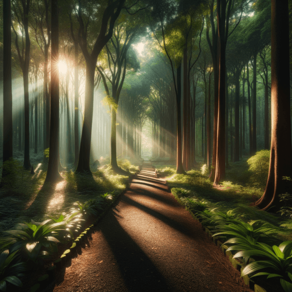 A peaceful forest path with sunlight filtering through the trees