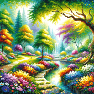 serene garden in bright colors with gentle landscape features