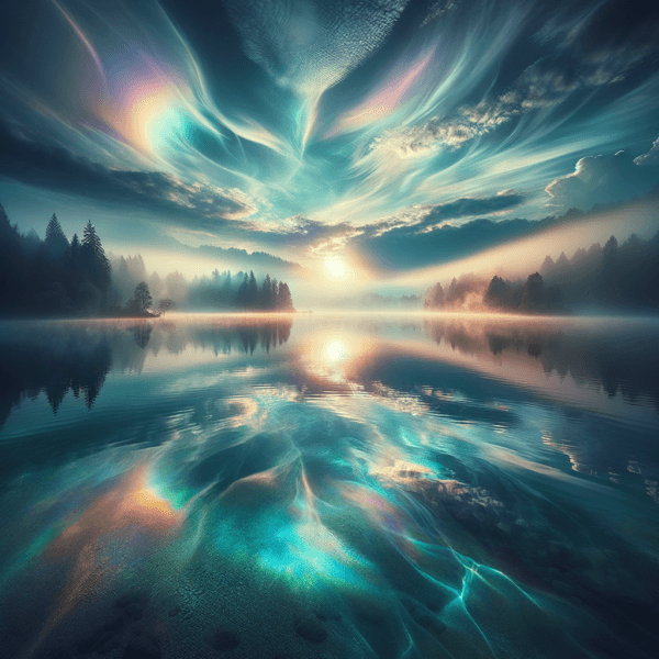 Morning light over a calm lake surrounded by mist