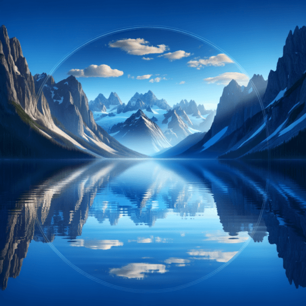 A peaceful mountain lake reflecting clear skies