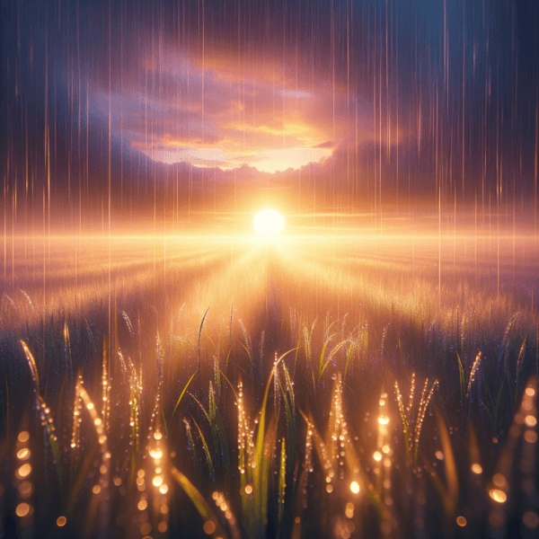 A calming rain shower over a wide-open field symbolizing focus and relaxation