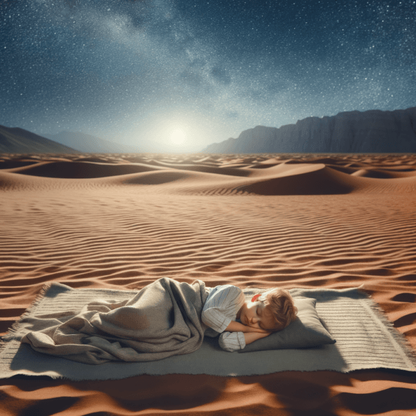 A child peacefully dreaming in a serene desert setting