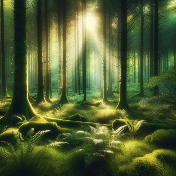 quiet forest with sunlight filtering through trees for relaxation