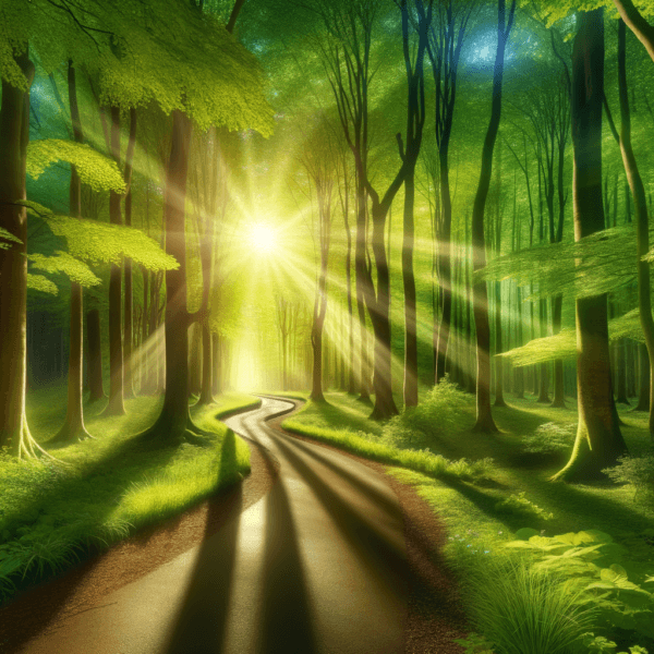 Pathway leading through a forest symbolizing a personal journey with dogs.