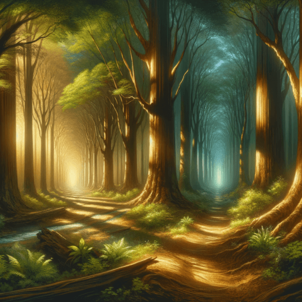 Sunlit forest path symbolizes new journey