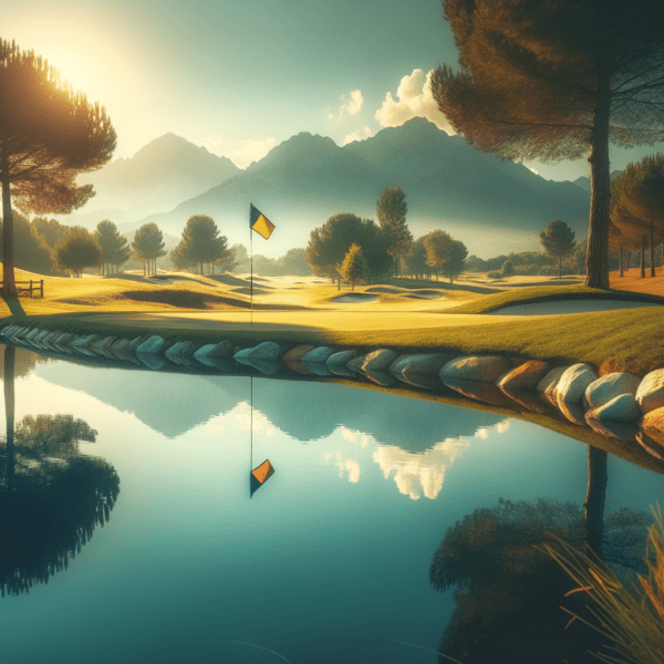 The calm reflection of a golf flag in a smooth water hazard