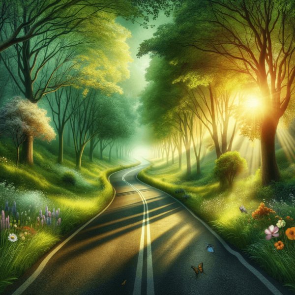 A peaceful road through a calming landscape representing the journey towards reduced shopping urges