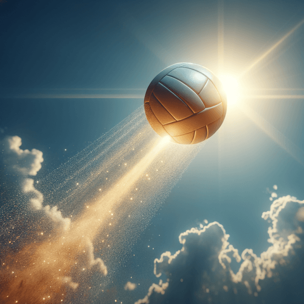 Art depicting a volleyball spiking triumphantly through bold sunlight