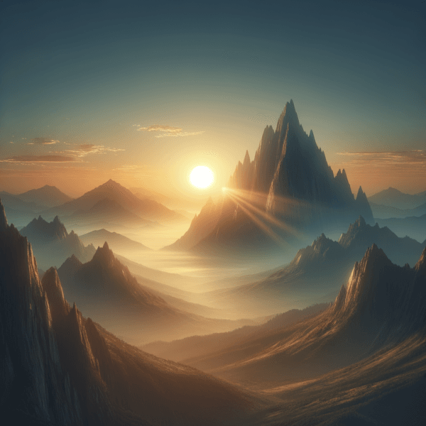 Bright sun rising over mountain peaks symbolizing new beginnings and motivation