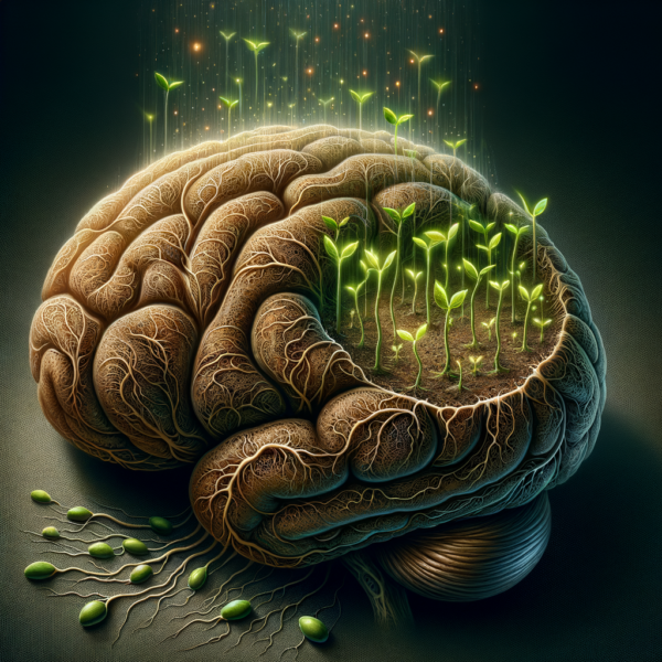Conceptual image of seeds growing into a tree within a human brain