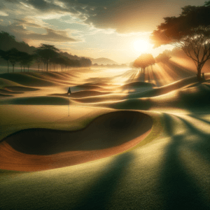 A peaceful golf course at sunrise symbolizing tranquility in golfing.