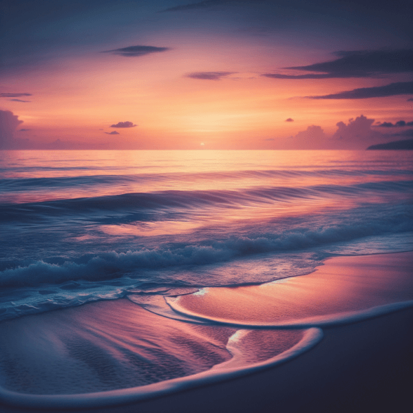 Calm ocean seamlessly connecting to the horizon at sunset