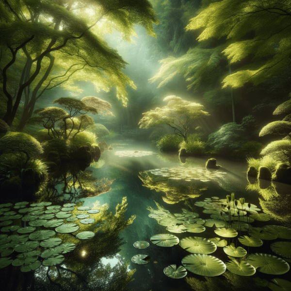 A peaceful pond view with lily pads and gentle ripples