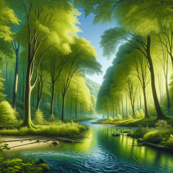 Calm forest scene with a tranquil river for focus and relaxation