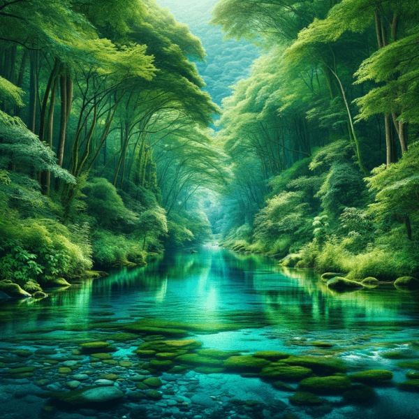 A serene river flowing within a lush forest setting
