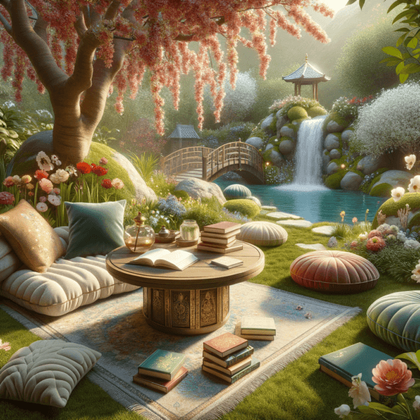 A cozy nook with plush cushions and books surrounded by peaceful garden elements.