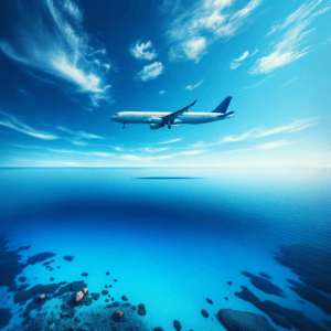 Peaceful sky with an airplane flying over a calm sea