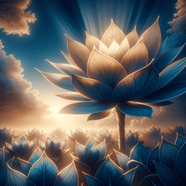 A serene image of a blossoming flower under a blue sky