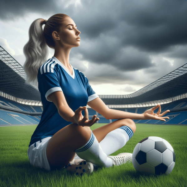 Soccer player meditating with empty stadium in background