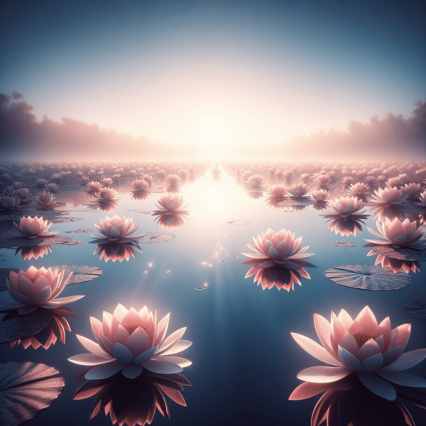A calm pond with blooming lotus flowers reflecting tranquility and inner peace.
