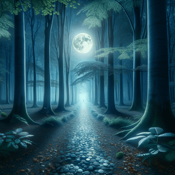 A serene night forest path illuminated by moonlight, evoking tranquility and peace