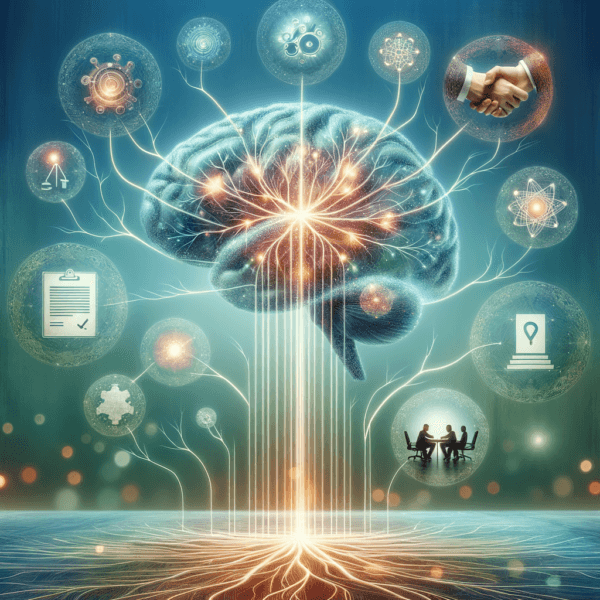 abstract representation of a focused mind with business symbols
