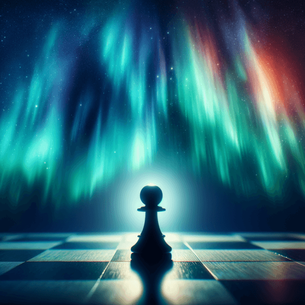 Enlightened chess pawn under a mesmerizing aurora