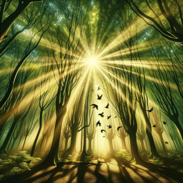 A sunlit canopy of a forest with birds in flight
