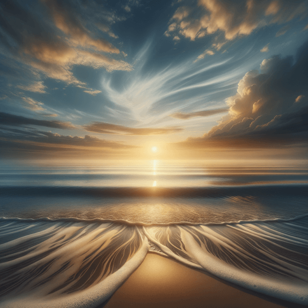 A sunlit horizon over gentle ocean waves, symbolizing serenity and new beginnings