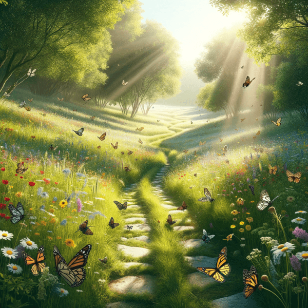 Sunlit path winding through a meadow with butterflies and bees