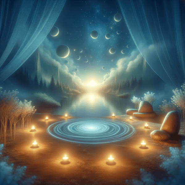 A glowing light surrounded by calming blue tones