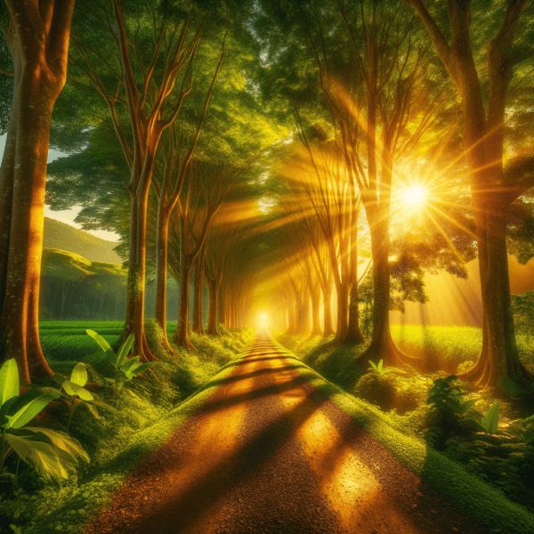 Visual representation of a pathway adorned with golden light leading towards a bright horizon, symbolizing prosperity.